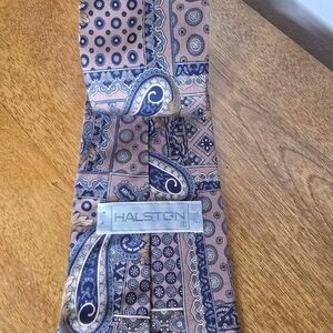 Vintage Halston Heritage Blue and Brown Paisley Tie 100% Italian Silk